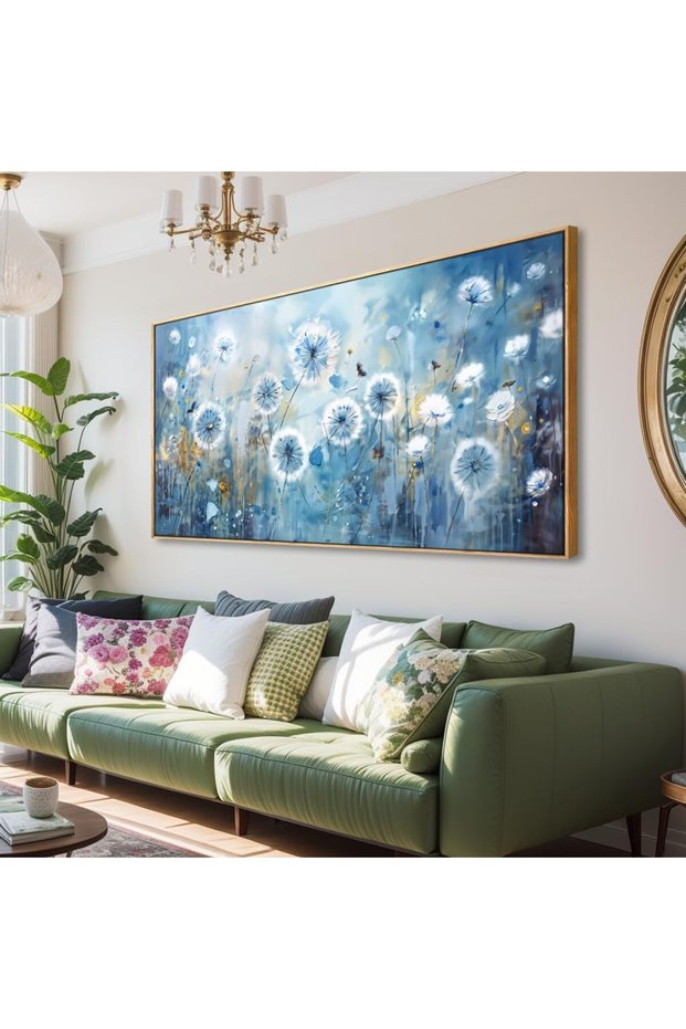 Wall Painting Blue Dandelion Canvas Wall Art 50x100 cm Living Room Decor