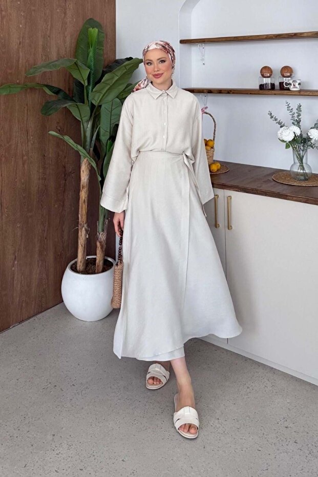 Nihal Linen Skirt Suit Stone