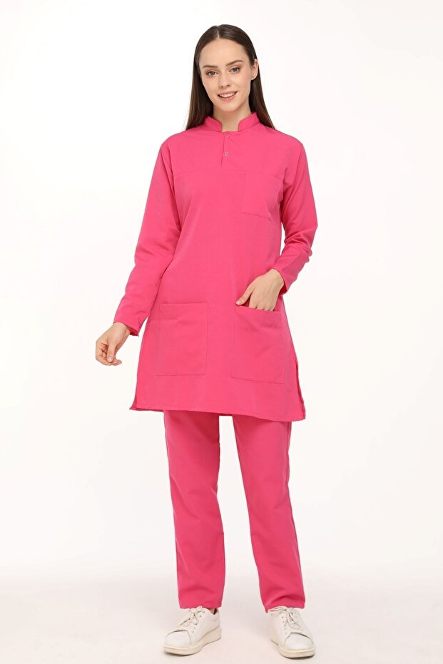 Nova Hakim Yaka Tesettür Pink Lycra-Free Thin Fabric Nurse Doctor Uniform Set