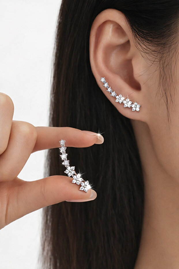 Women's Zircon Stone Waterway Star Model Ear Climber Silver Safety Pin Earrings