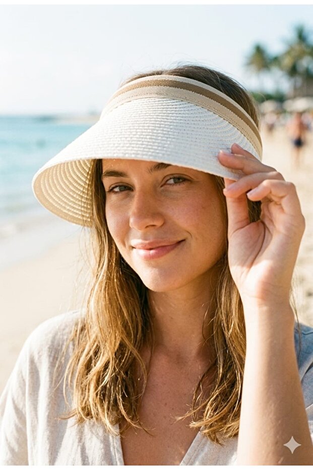 Sun Protective Striped Straw Visor Hat Suitable for Tesettüre Crown Model Summer Hat