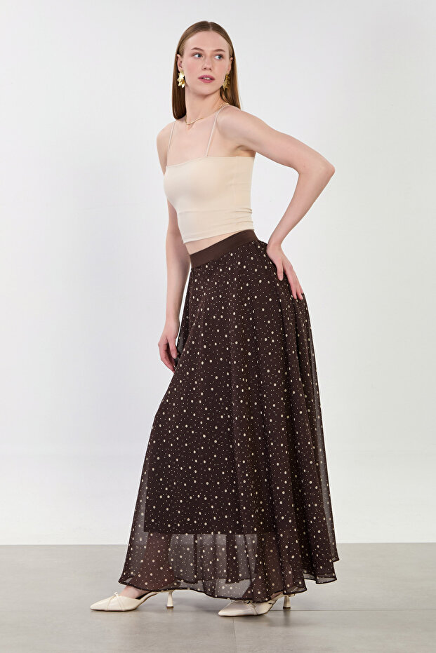 Women's Polka Dot Long Skirt with Elastic Waist - Bitter Brown