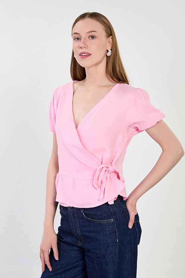 Women's Side Tie Elastic Sleeve Blouse - Pink