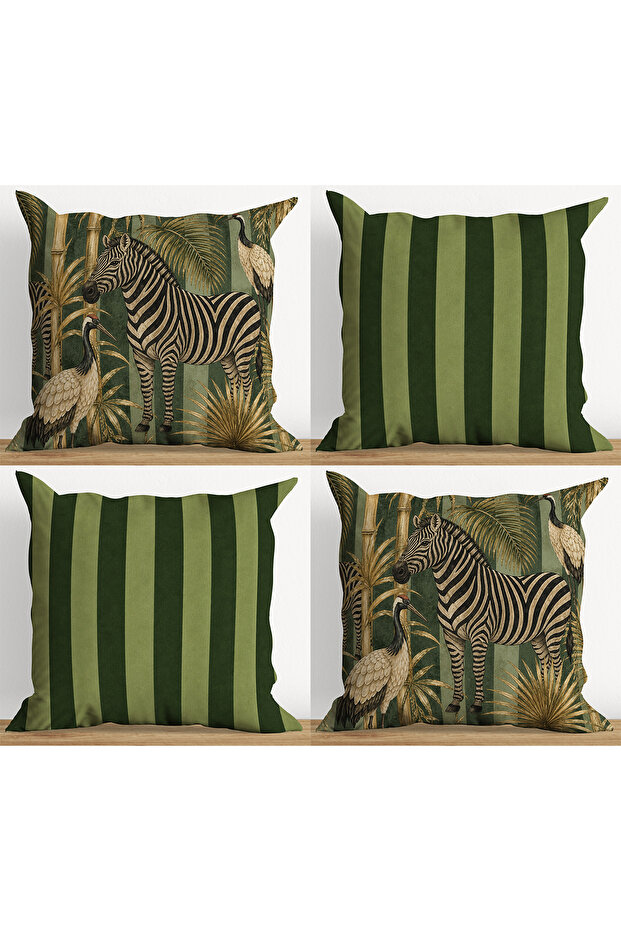 Safari Patterned Decorative Throw Pillow Cover Set of 4 Green Striped Modern Sofa Cushion (Double Sided)