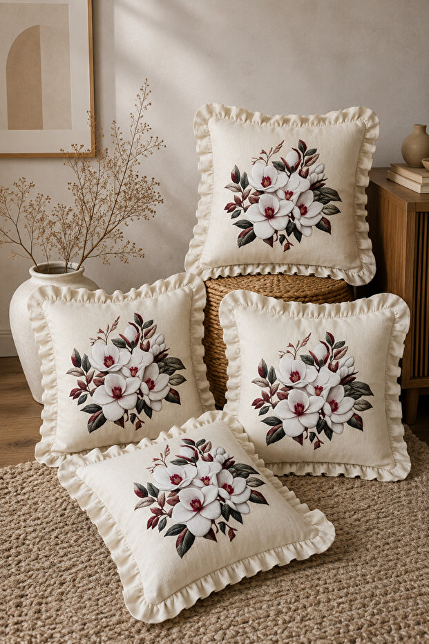 4-Piece Ruffled Floral Patterned Decorative Throw Pillow Cover 100% Cotton Organic Dye Printed 45X45 cm