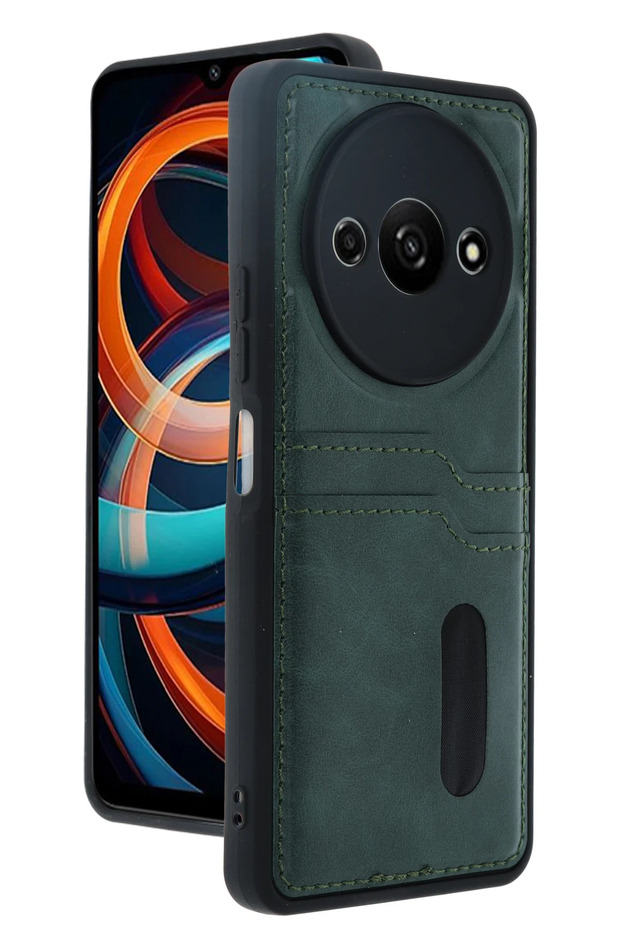 Ilkeshop New Redmi A3 4g Case Sara Leather Case with Business Card Holder - (151404) Dark Green