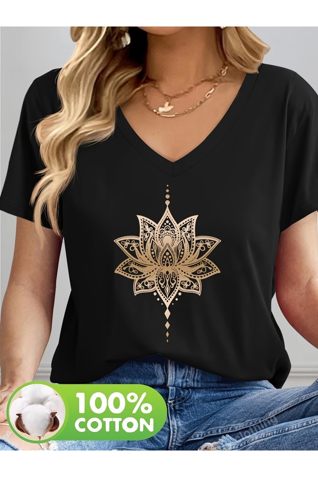 Women's Comfortable Fit V-Neck Tshirt Mixed Printed Tshirt