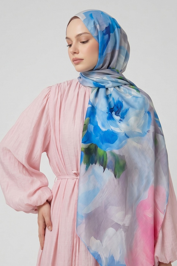 Abstract Rose Pattern Baby Blue Soft Cotton Shawl