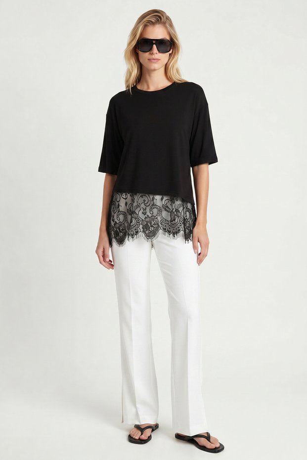 Lace Detailed Oversize Knitted T-Shirt Lrn0056 Black
