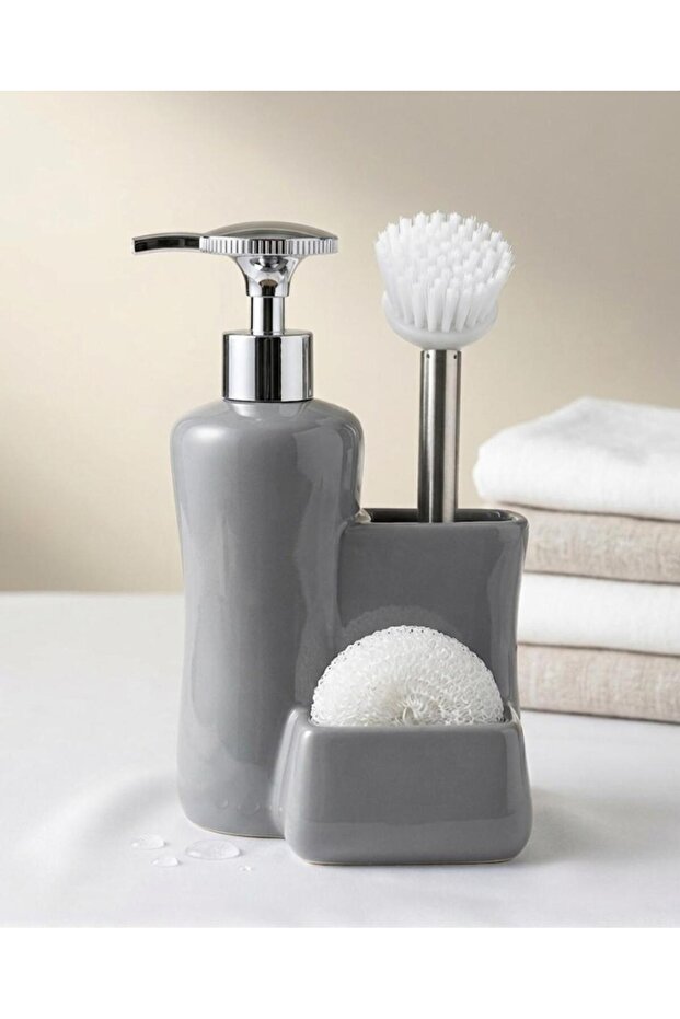 Porcelain Countertop Liquid Soap Dispenser Set with Brush and Sponge 550 ml