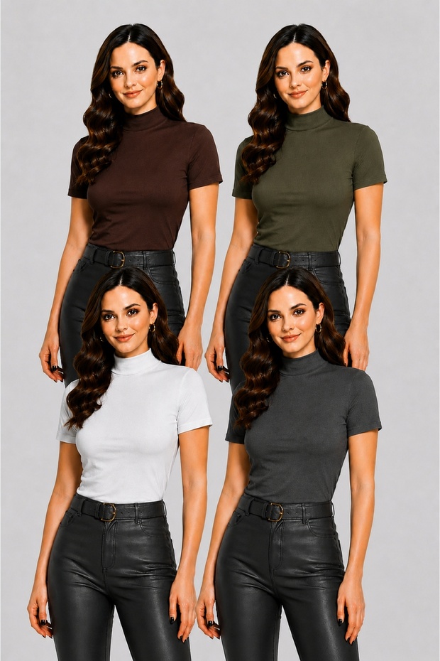 Women's 4-Piece Half Turtleneck Badi Short Sleeve Lycra Basic Bodysuit