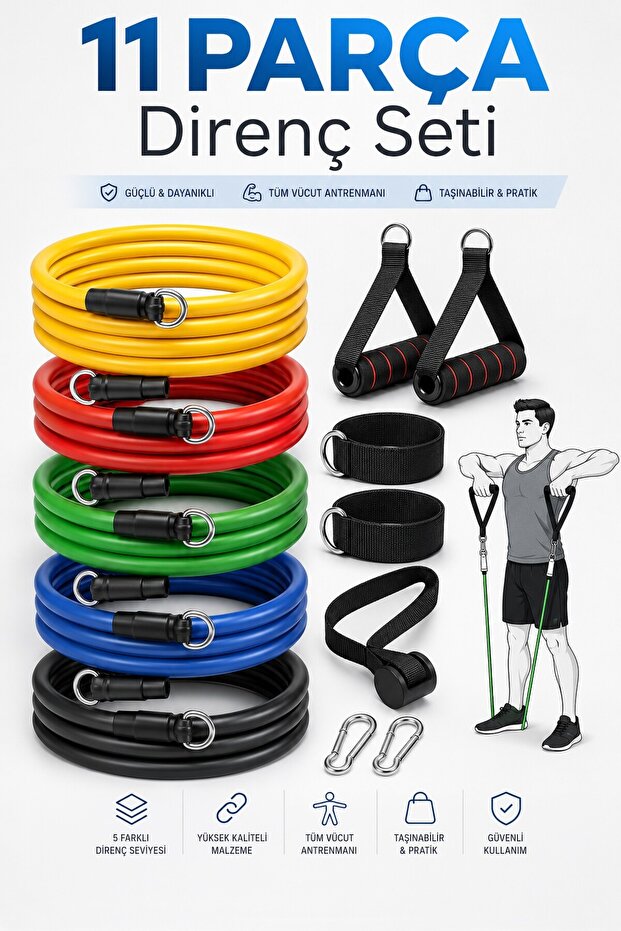 Thundara 19-30 KG Ayarlanabilir Direnç Bandı Seti 11 Parça Spor Pilates Yoga Egzersiz Barfiks Spor Lastiği