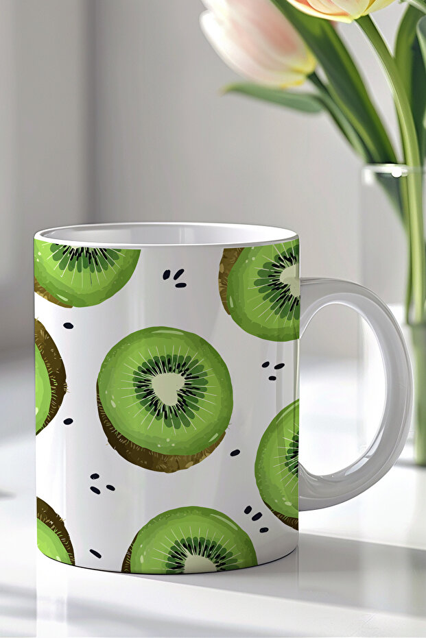 Kiwi Patterned 330ml Printed White Ceramic Mug Cup