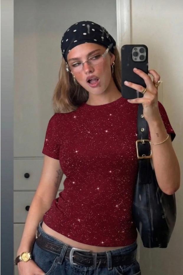 Sparkly Glitter Short-Sleeved Belted Crop Top