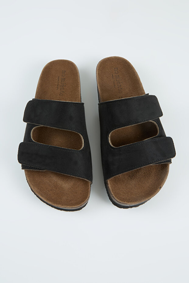 Vega Men's Vegan Leather Double-Strapped Velcro Black Slippers
