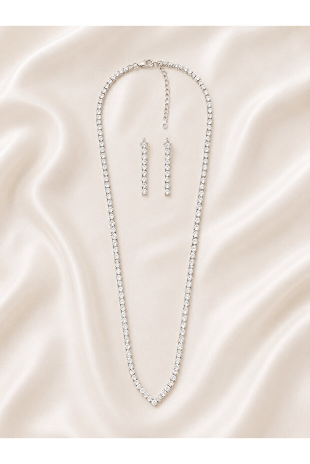 Women's Zircon Stone Silver Necklace Earring Set