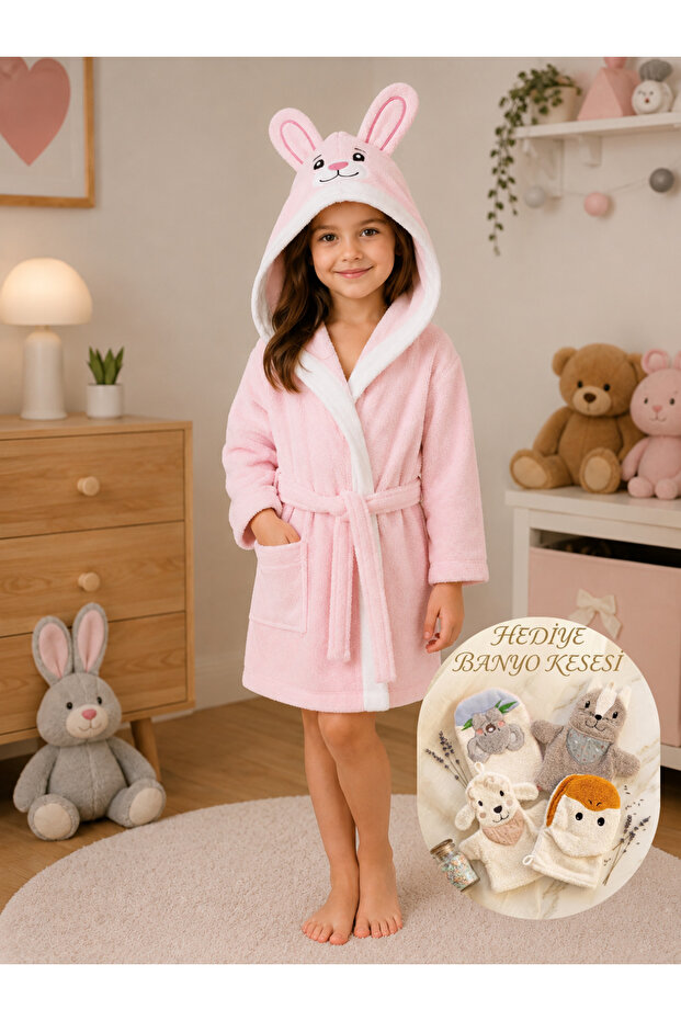 Girl's Rabbit Ear Hooded Bathrobe – 100% Cotton Soft Textured Belted Children's Bathrobe