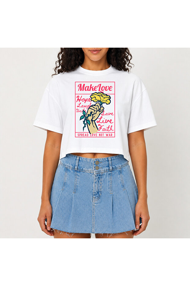 Crop T-Shirt White Printed Relaxed Fit Raw Cut Basic Short Tshirt