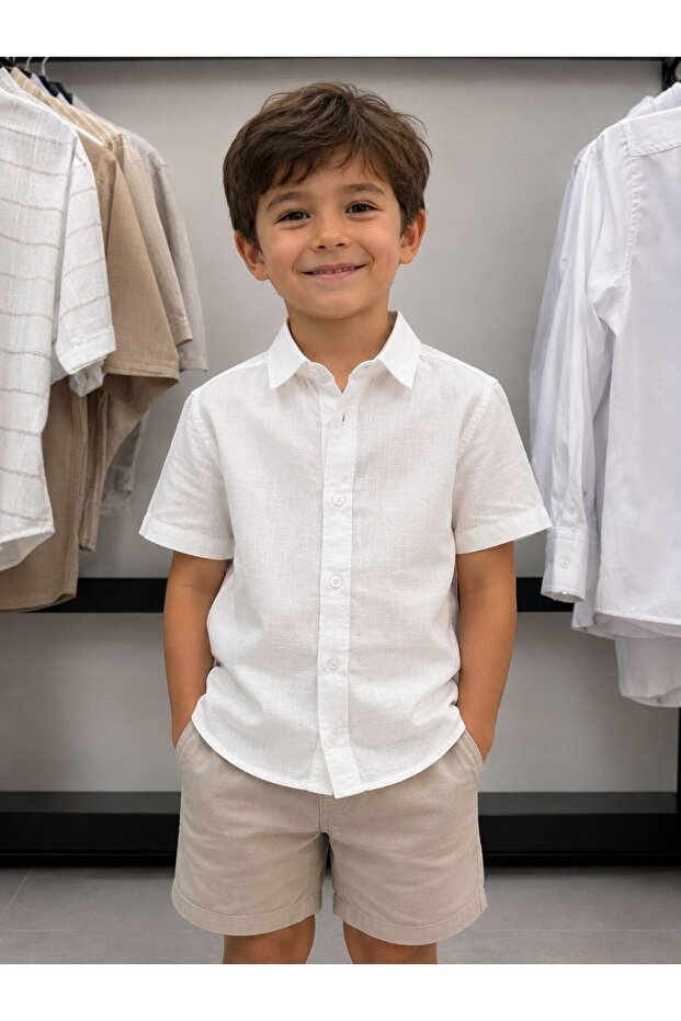 Boy's Linen Short Sleeve Shirt (You Can Order One Size Larger)