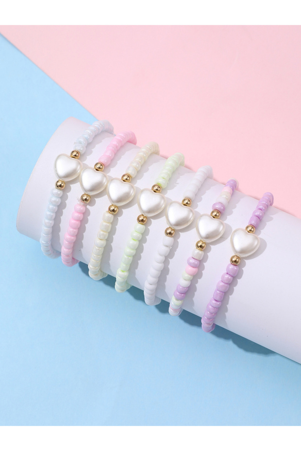 Pack of 7 - Pastel Beaded Heart Bracelet