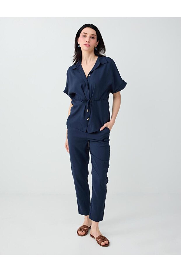 Navy Blue Narrow Leg Regular Bey Woven Trousers