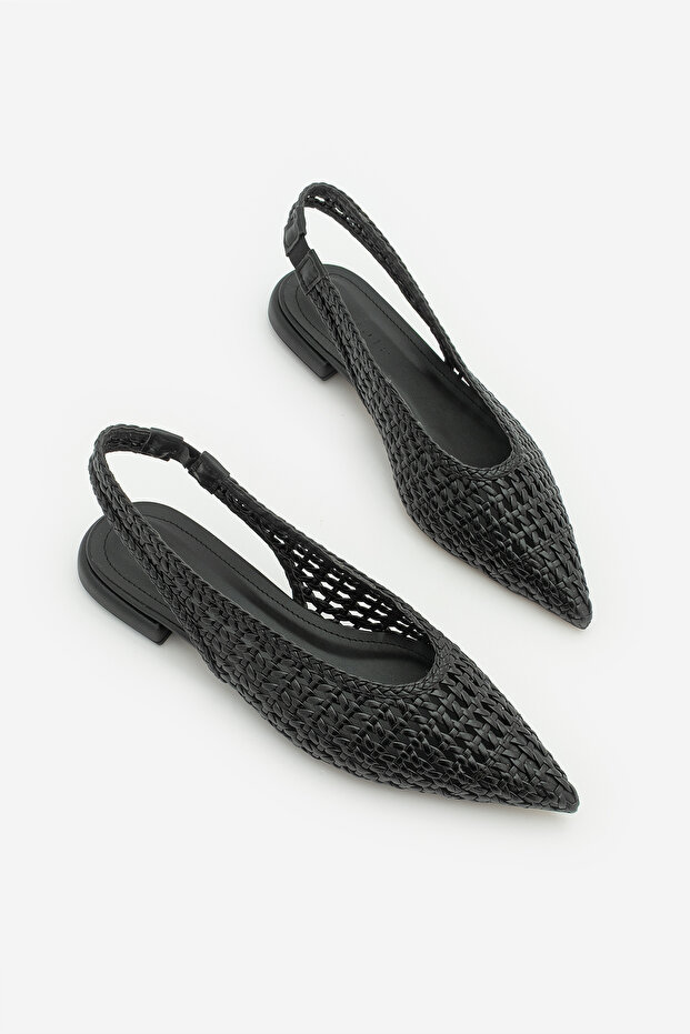 Women's Pointed Toe Hand Knitted Open Back Strap Casual Ballerinas Kunves Black