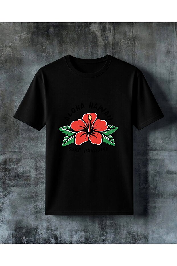 تي شيرت كبير الحجم مطبوع عليه aloha hanai surf paradise