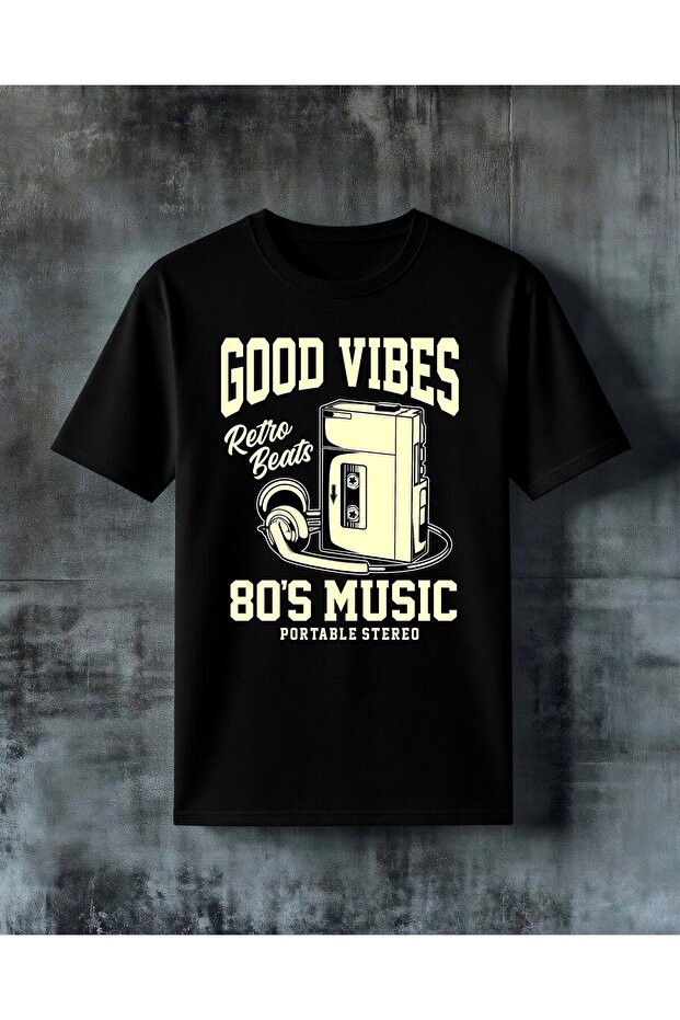 تي شيرت كبير الحجم مطبوع عليه Good Vibes Retro Beats