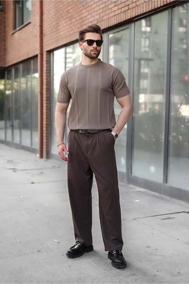 Light Brown Regular Fit Crew Neck Ribbed Knitwear Men's T-Shirt E7490
