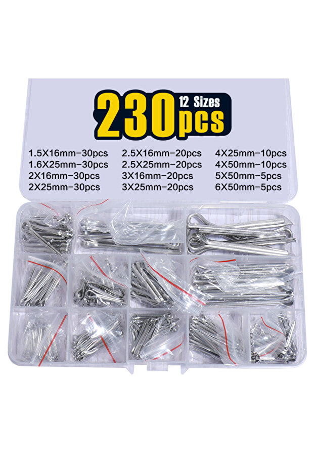 230Pcs Cotter Pin Assortment Kit J - Stainless Steel 12 Sizes Cotter Pin Set for Hitch Pin Lock S...