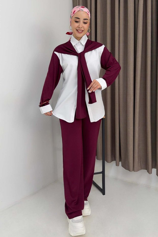 Oysho Fabric Shoulder Belted Gilded Shirt Suit with Embellishments in Burgundy
