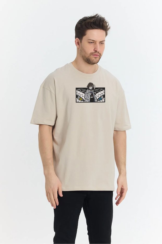 Unisex Oversize Embroidered Demon Slayer Obanai Iguro Anime Design 100% Cotton T-Shirt