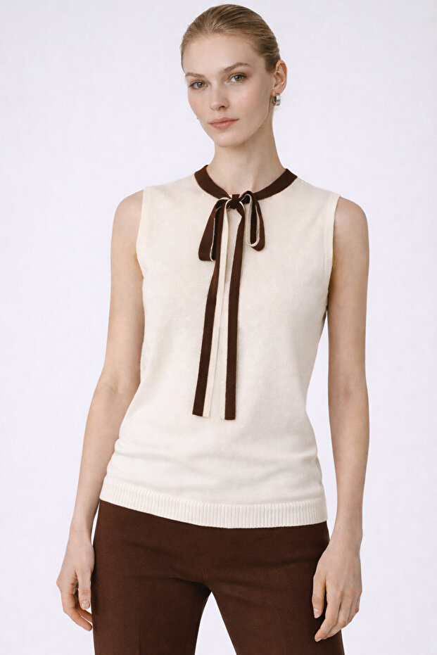 Ecru Tie-Neck Sleeveless Blouse