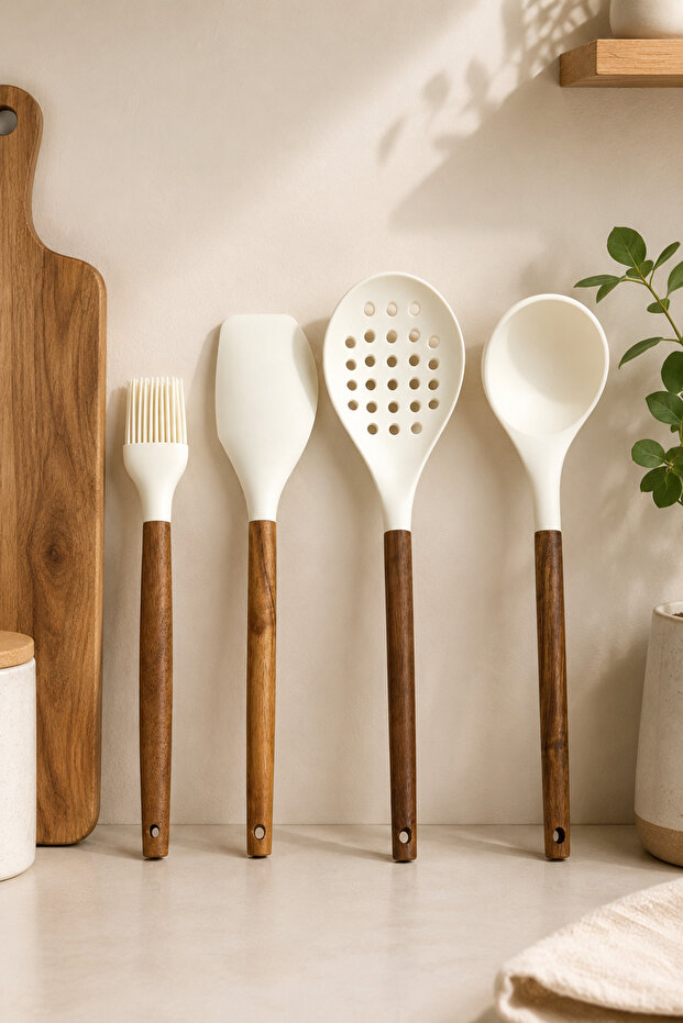 4-Piece Silicone Kitchen Utensil Set with Acacia Handle - Ladle Spatula - Strainer Spoon - Brush Cream Color