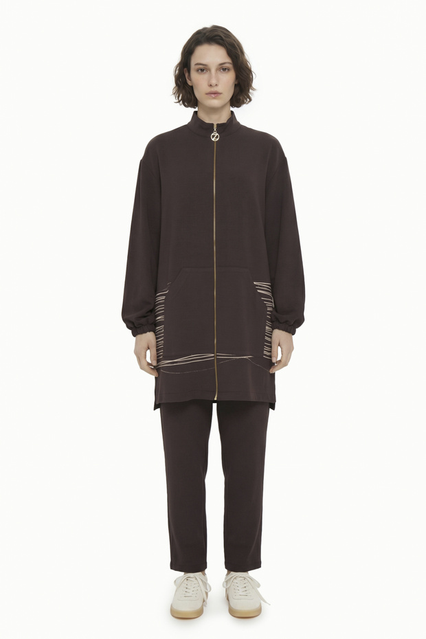 Zippered Pocket Detailed Sports Suit Brown Suit 1944