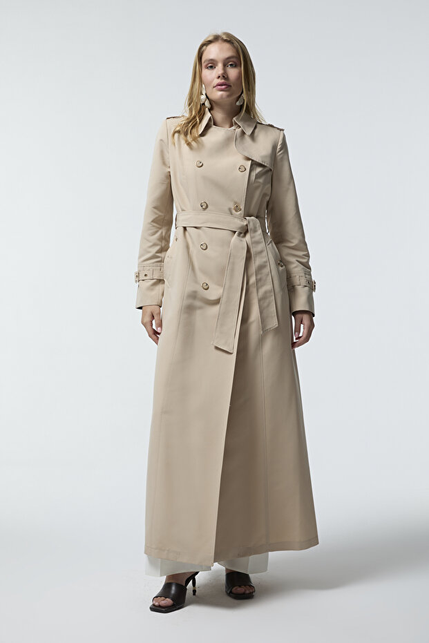 Double Breasted Collar Belted Waist Long Stone Trench Coat 12528