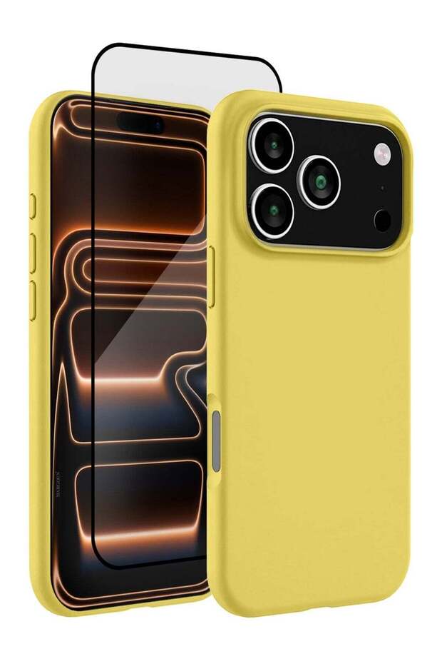2 Packs Silicone Protective Phone Case for iPhone 17 Pro - Soft Anti-Scratch Microfiber Lining Ultra Slim Drop Protection Phone Cover with 3D Screen Protector - Yellow
