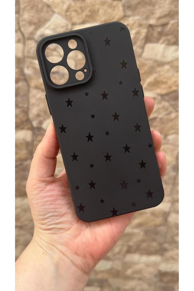 iPhone 14 Pro Max Compatible Mini Black Star Patterned Silicone Shock Absorbing Classic Protected Rubber Case
