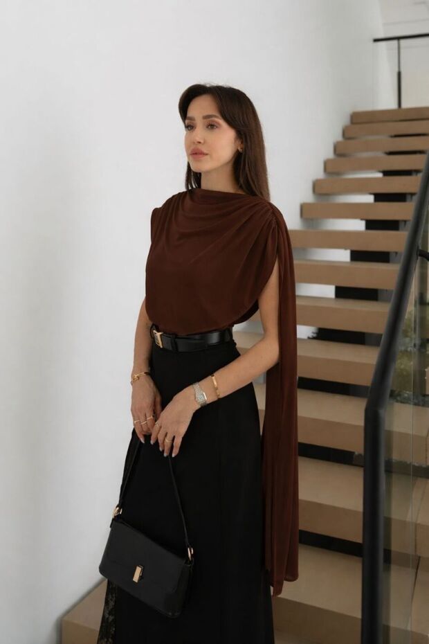 Women's Stylish Draped Blouse with Shoulder Shawl Detail