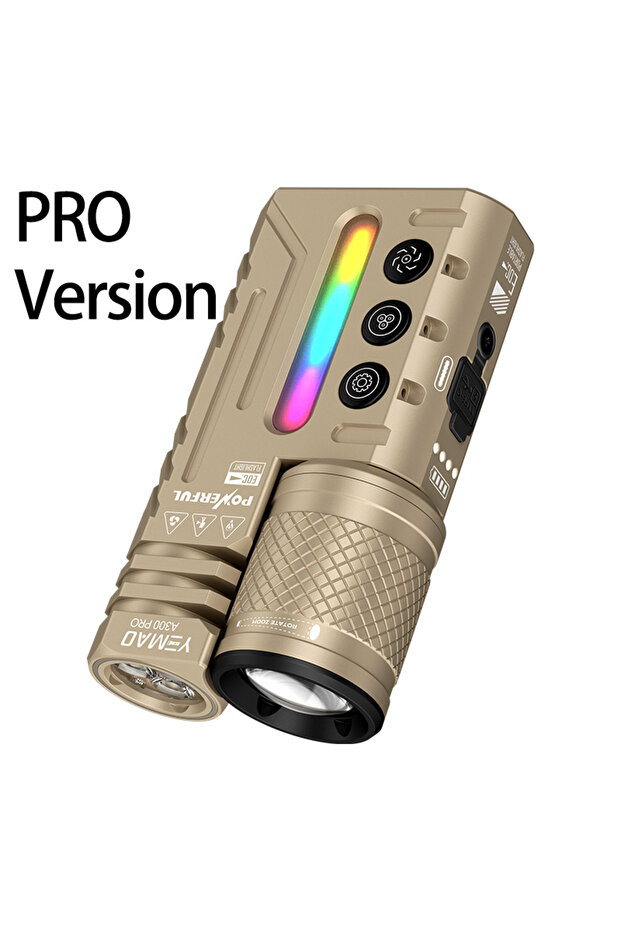 مصباح يدوي PRO-Yellow قابل لإعادة الشحن، 3500 لومن، LED ثنائي النواة مع شعاع ثابت وقابل للتكبير، إضاءة محيطية RGB