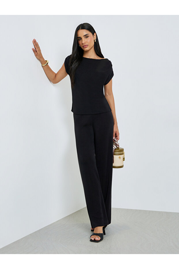 Black Solid Knit Top and Straight Leg Pants Co-Ords