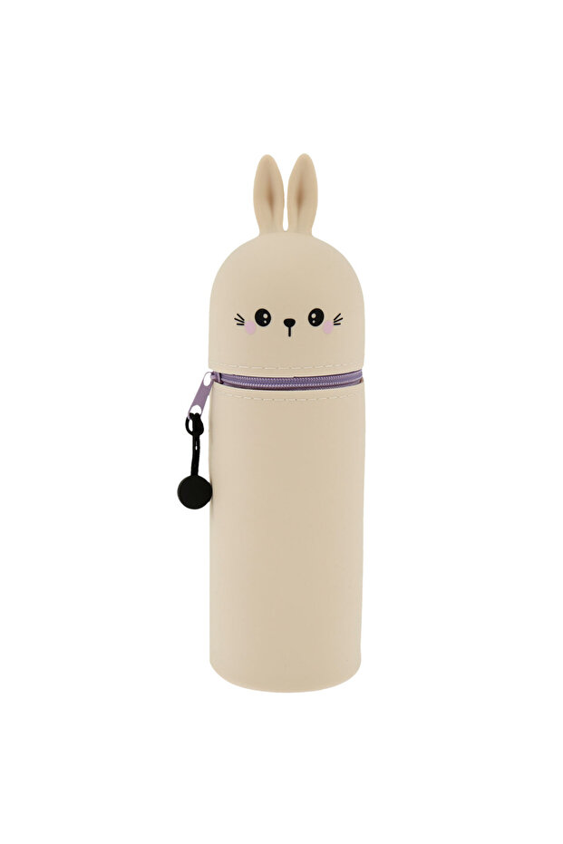 Gray rabbit Silicone 2 in 1 Soft Pencil Case Retractable Cartoon Pencil Holder Adequate Space Zipper