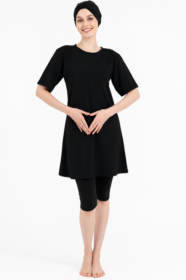 Black Hijab Swimsuit Set Including Bonnet Half Sleeves Stretchy Fabric Women's Swimwear Set