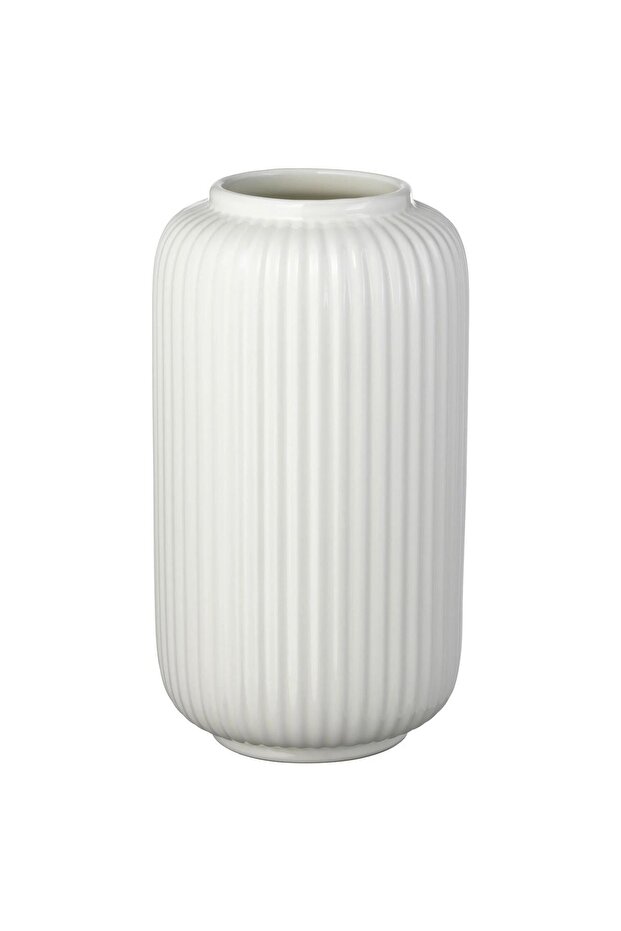 Line Patterned Stoneware Vase Modern Decorative White 22 cm