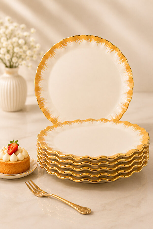 Real Gold Gilded 6 Pieces 21 cm Wavy Cake Plate Dessert Presentation Set