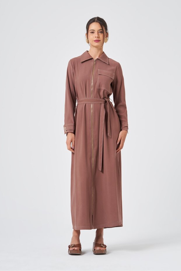 Women's Contrast Stitched Shirt Dress Brown 31347
