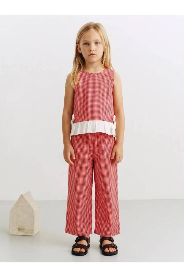 Red Gingham Bow Detailed Pants and Blouse Girls' Set