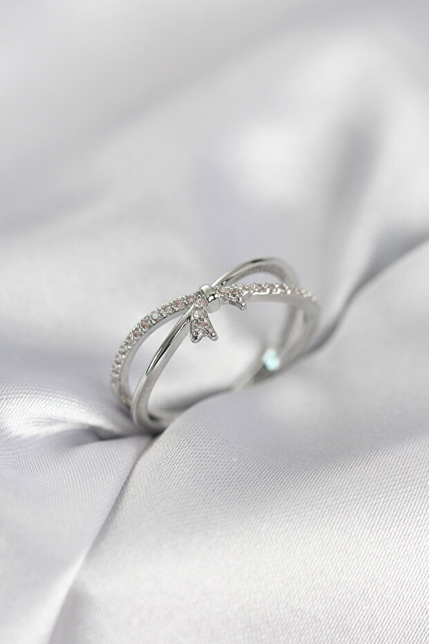Bow Model Women's Ring Silver Color with Zircon Stone - 5886