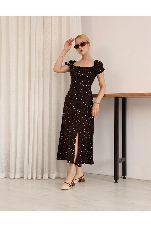 Bitter Brown Polka Dot Princess Collar Viscose Dress