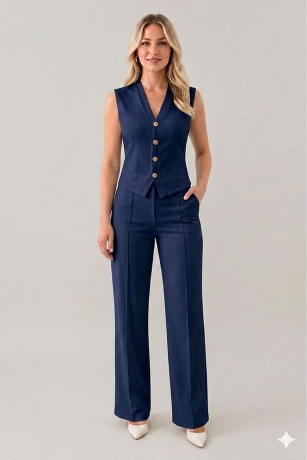 Women's Vest Modal Double Navy Blue Comfortable Summer Wide Leg V-Neck Gold Button Double Suit